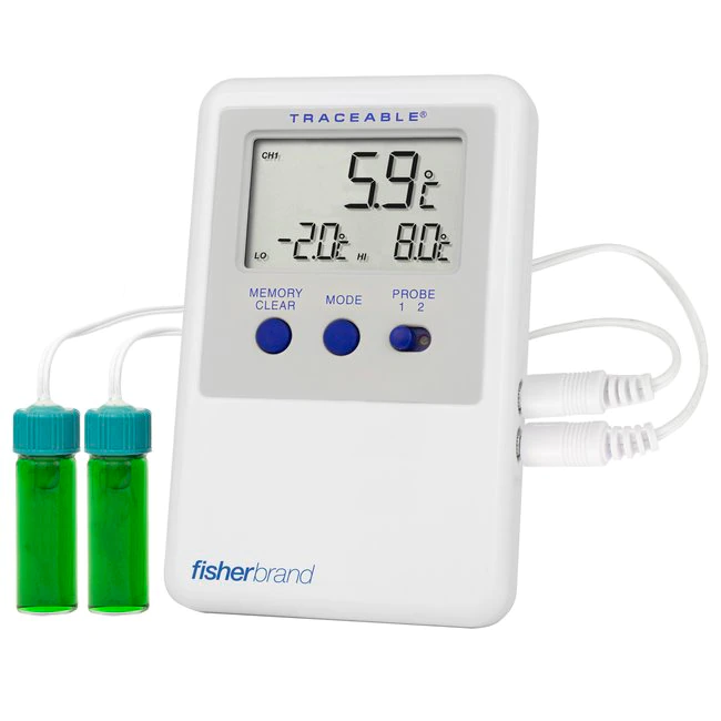 Thermometer Refrigerator/Freezer Traceable Digital Fisherbrand™  Ultra™ 2x5ML Dual Vaccine Probe •Range: -50° to +70°C (-58° to +158°F) •Smart-Alarm™ meet current CDC requirements for vaccine storage and monitoring by Fisher Scientific Co.  ID 14-650-109